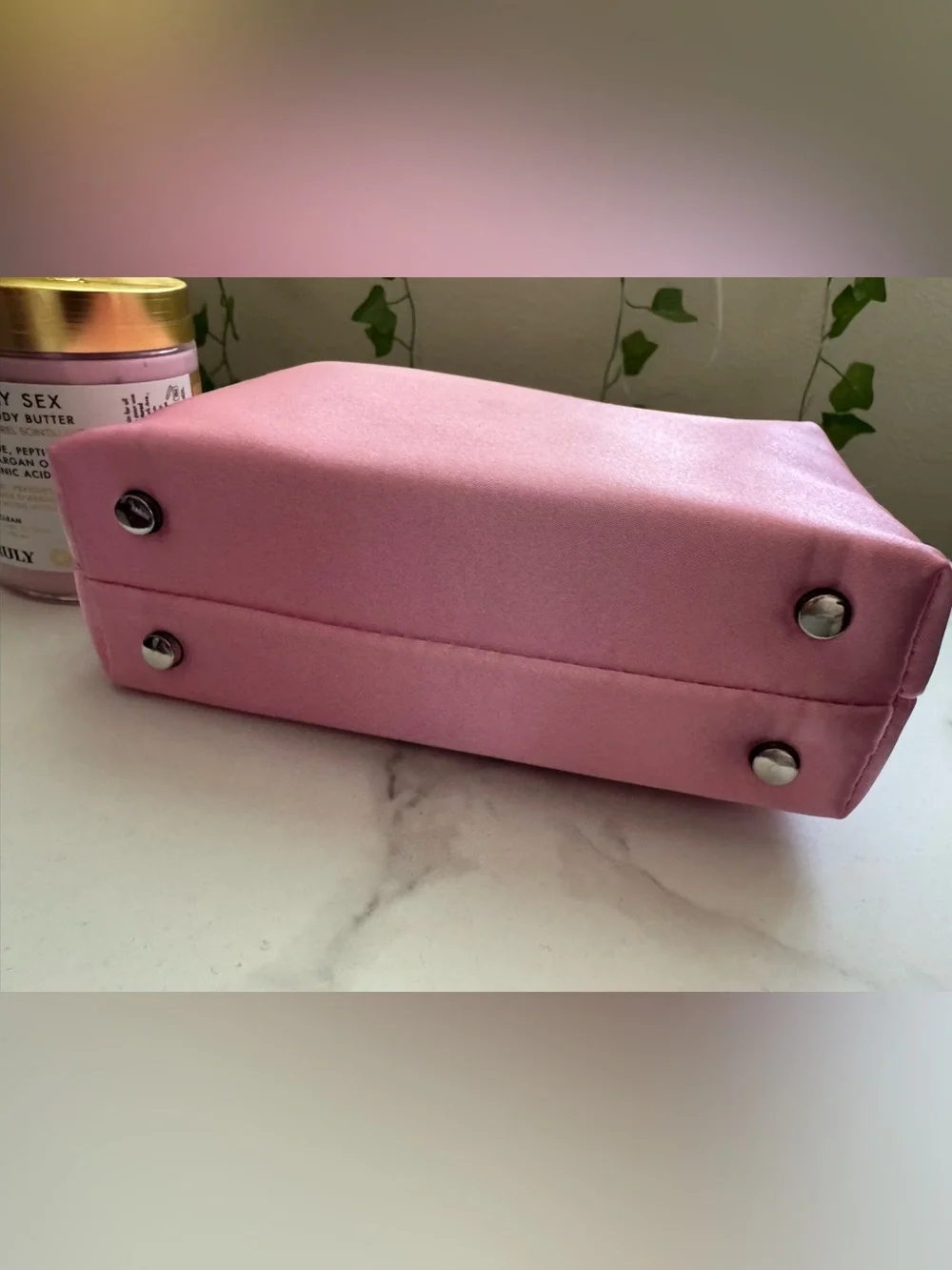 TRULY Pink Satin Pouch with Crystal Letter Strap and body butter set